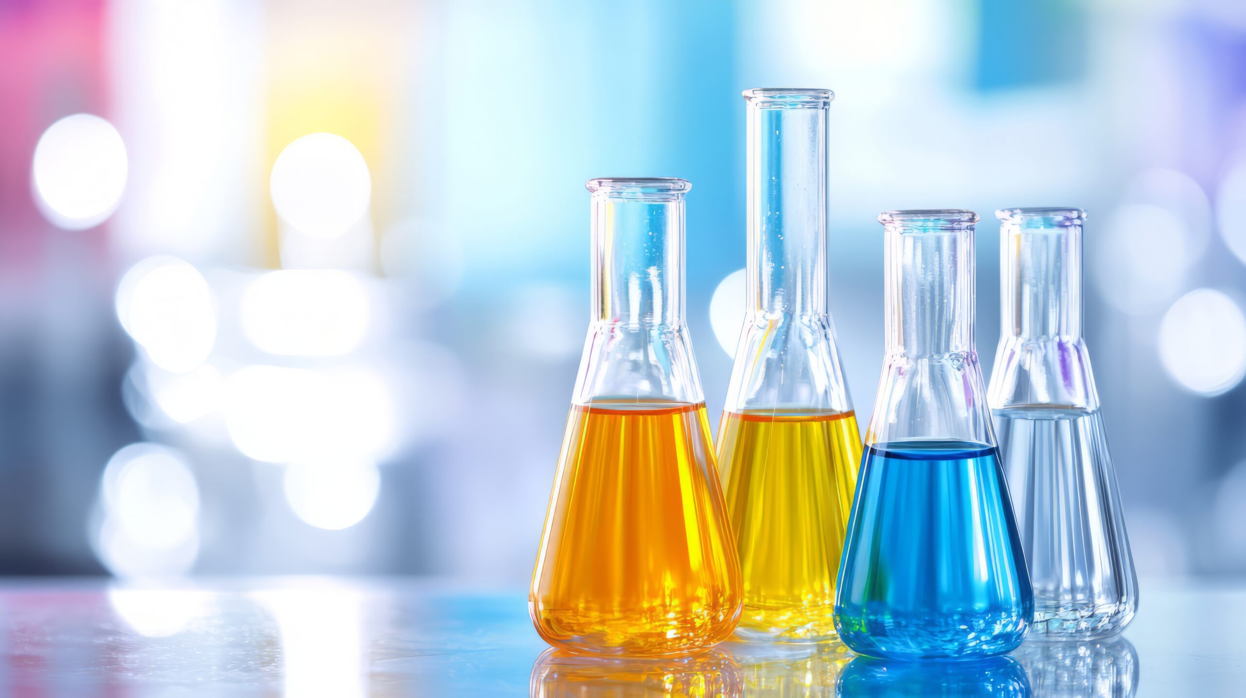 Colorful laboratory glassware for scientific experimentation and