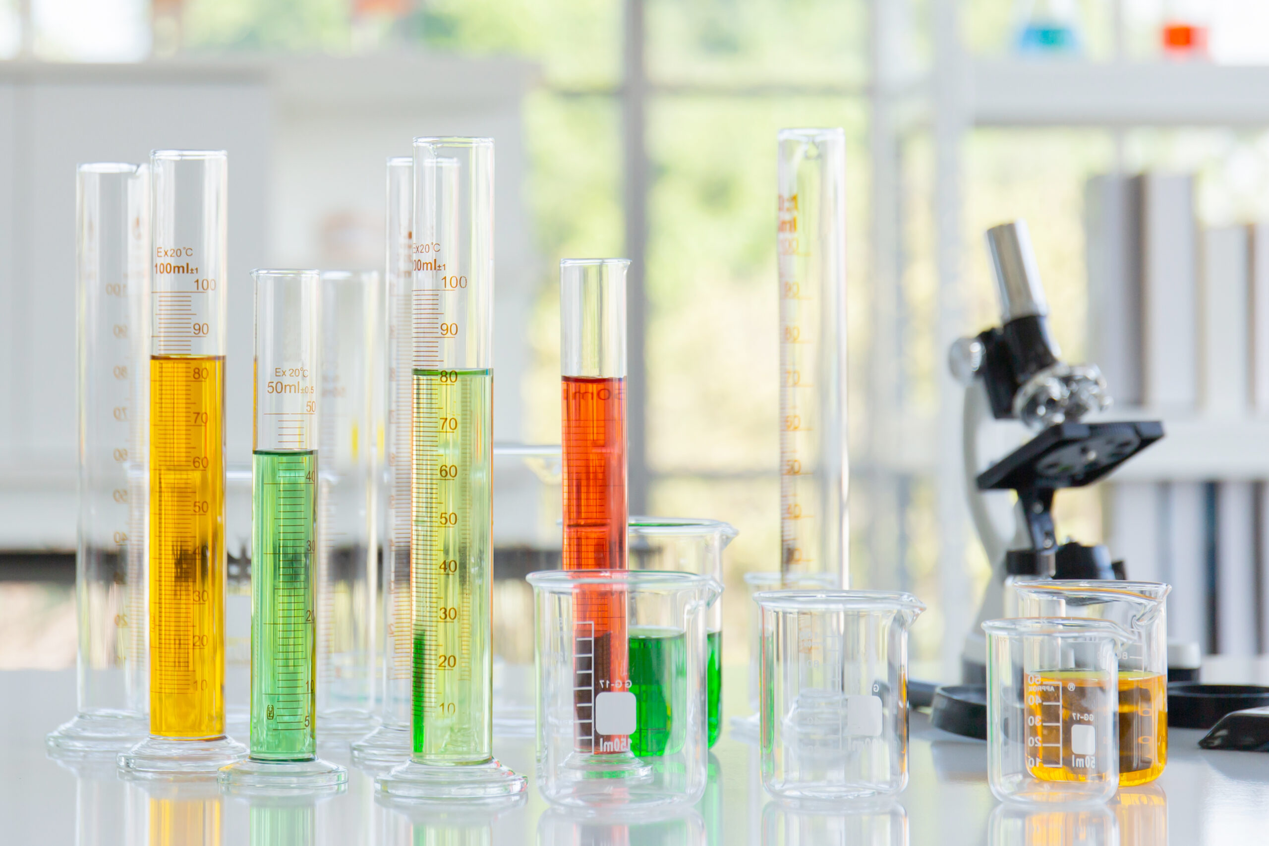 Chemical reagent bottles in scientific experiment bottles of dif